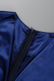Темно-синие повседневные однотонные плиссированные платья в стиле пэчворк с V-образным вырезом