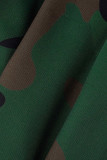 カーキ ファッション カジュアル プリント パッチワーク ベルト付き 非対称 ターンダウン カラー 長袖 プラスサイズ ドレス
