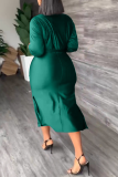 Vestidos de falda de cintura con cuello en O de patchwork sólido sexy verde