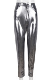 Silberne, sexy, solide Patchwork-Bleistift-Hosen mit hoher Taille