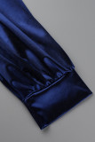 Robes plissées à col en V et patchwork décontractées bleu profond