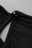 アーミーグリーンファッションカジュアルソリッドホローアウトパッチワークVネックレギュラージャンプスーツ