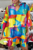 Многоцветное модное повседневное платье с принтом в стиле пэчворк и V-образным вырезом