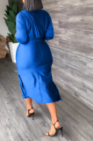Vestidos de saia de cintura azul sexy sólido patchwork com decote em O