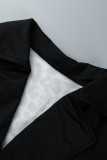 Zwarte mode casual print patchwork met riem asymmetrische kraag met lange mouwen plus size jurken