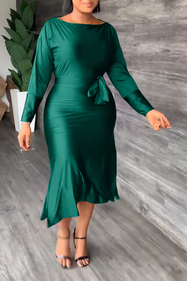 Vestidos de falda de cintura con cuello en O de patchwork sólido sexy verde