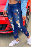 Babyblauwe casual skinny jeans met vlinderprint en gescheurde hoge taille