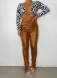 Brown Street Solid Fold Skinny High Waist Pencil Solid Color Bottoms