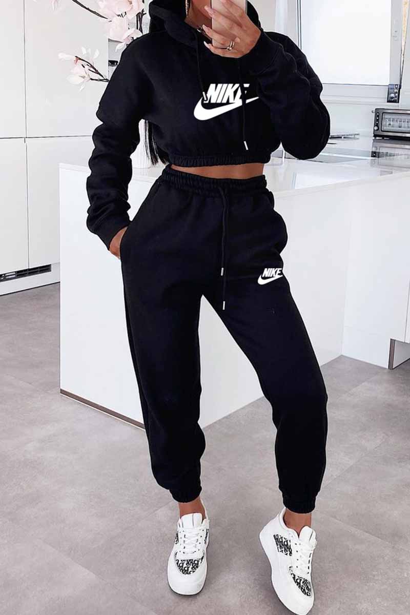 

Black Casual Print Letter Hooded Collar Long Sleeve Two Pieces