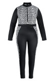 Black Fashion Casual Print Patchwork Skinny Jumpsuits met Ritskraag
