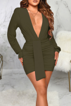 Army Green Sexy Solid Bandage V Neck Pencil Skirt Dresses