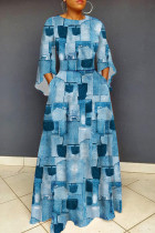 Синее повседневное платье с принтом и принтом с круглым вырезом Платья Платья