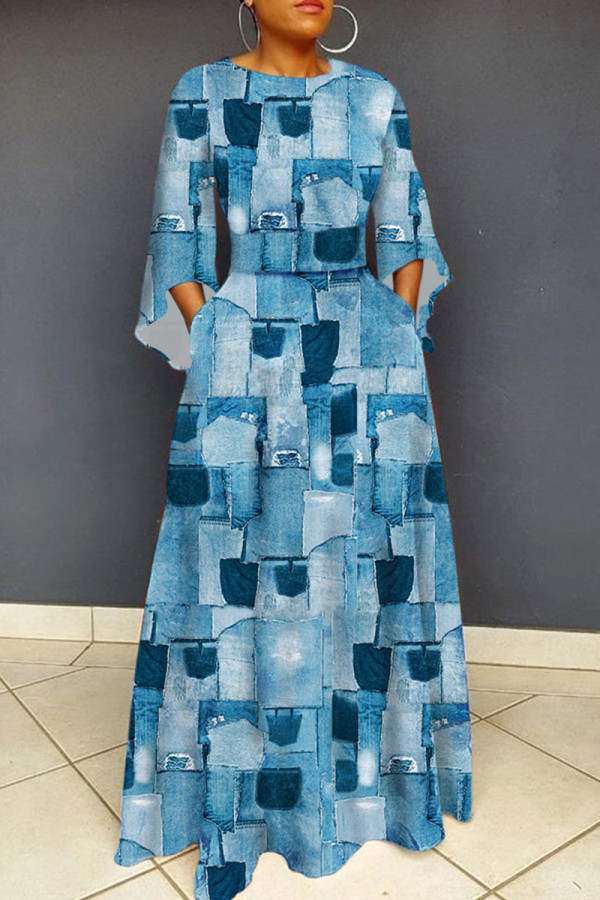 Blauwe casual print met print O-hals bedrukte jurkjurken