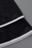 ブラックホワイトファッションカジュアルプリントパッチワークOネック半袖ワンピース