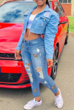Babyblauwe casual skinny jeans met vlinderprint en gescheurde hoge taille
