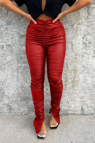 Red Street Solid Fold Skinny High Waist Pencil Solid Color Bottoms