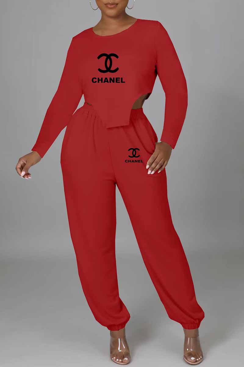 

Red Sexy Print Letter O Neck Long Sleeve Two Pieces