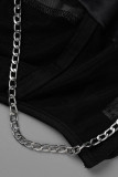 Black Fashion Casual Print Patchwork See-through Chains O Neck T-Shirts