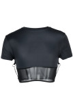 Schwarze, modische, lässige Print-Patchwork-durchsichtige Ketten mit O-Ausschnitt T-Shirts