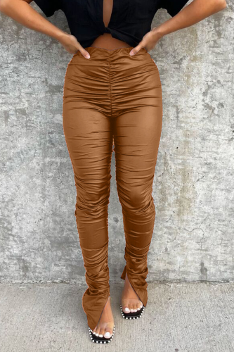 Brown Street Solid Fold Skinny High Waist Pencil Solid Color Bottoms