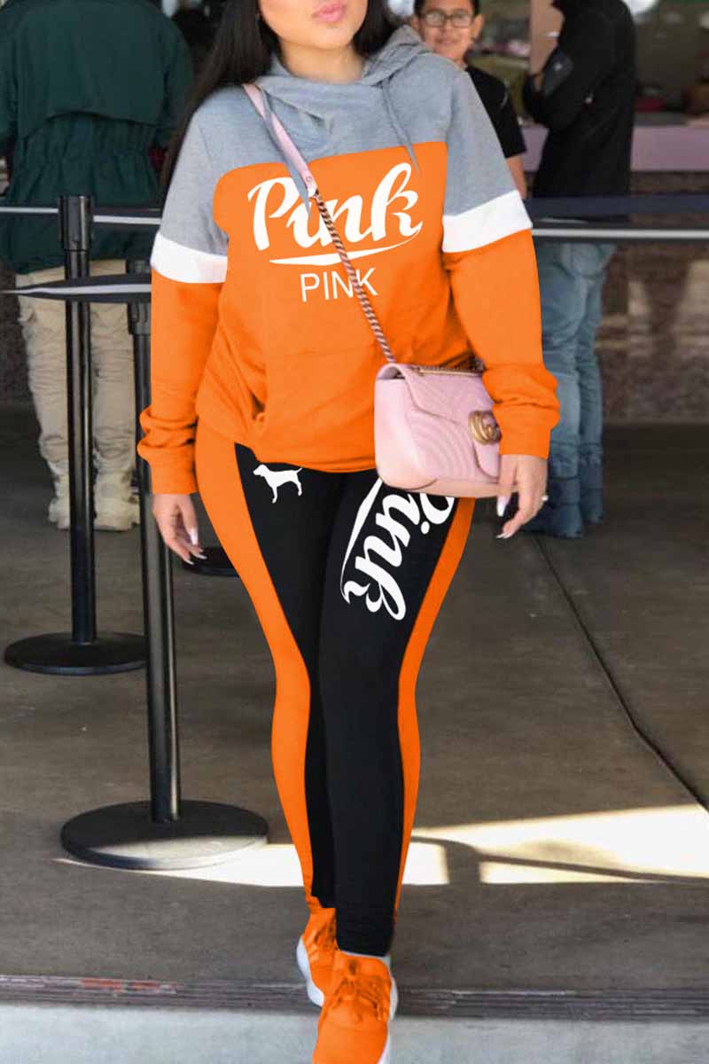 

Orange Street Print Patchwork Letter Hooded Collar Long Sleeve Two Pieces