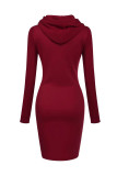Burgundy Casual Print Patchwork Hooded Collar Long Sleeve Plus Size Dresses