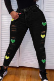 Calça jeans skinny preta com estampa casual rasgada patchwork cintura alta