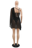 Noir Sexy Patchwork Hot Drilling See-through Backless Spaghetti Strap Robe Irrégulière Robes