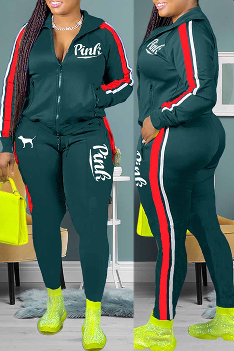 

Green Casual Print Letter Turndown Collar Long Sleeve Two Pieces