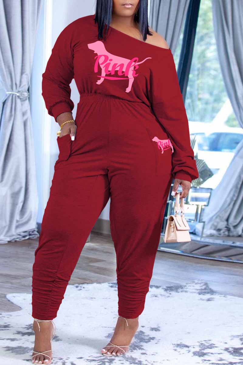 

Burgundy Casual Print Letter Oblique Collar Long Sleeve Two Pieces