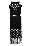 Black Plus Size Fashion Sexy Solid Hollowed Out Turtleneck Two Pieces