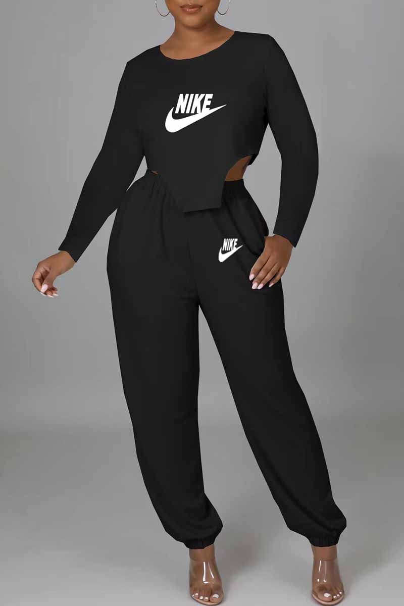 

Black Sexy Print Letter O Neck Long Sleeve Two Pieces