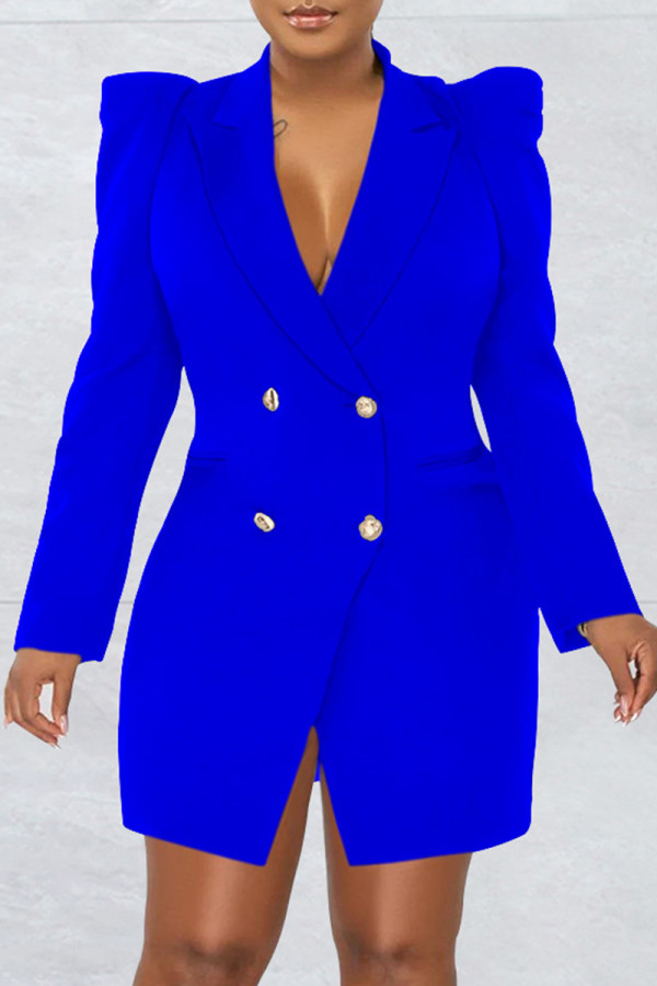 Blaue beiläufige feste Patchwork-Langarm-Kleider mit Umlegekragen