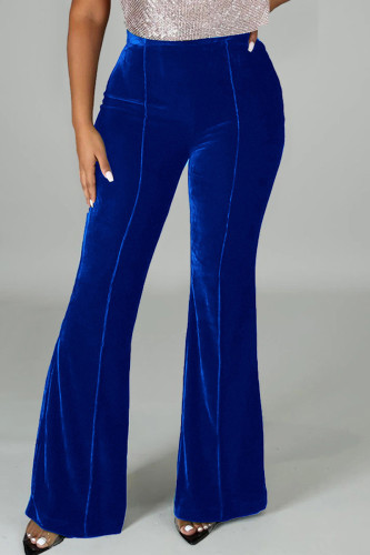 Blue Casual Solid Patchwork Regular High Waist Trousers