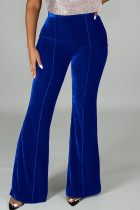 Blauwe casual effen patchwork normale broek met hoge taille