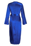 ブルー ファッション カジュアル ソリッド パッチワーク V ネック ロング スリーブ ドレス