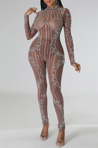 Brown Sexy Patchwork Hot Drilling See-through Half A Turtleneck Skinny Jumpsuits