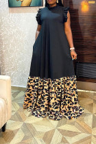 Schwarzes Vintage Elegant Print Leopard Patchwork Langes Kleid Plus Size Kleider