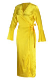 イエロー ファッション カジュアル ソリッド パッチワーク V ネック ロング スリーブ ドレス