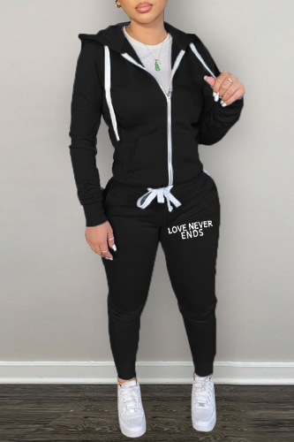 Black Street Letter Print Zipper Hooded Collar Long Sleeve Jackets And Pants Sportwear Two Piece Jogger Set