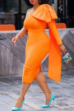 Оранжевые модные повседневные однотонные платья в стиле пэчворк с открытой спиной и косым воротником с длинным рукавом