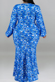 ブルー カジュアル プリント パッチワーク Vネック 長袖 プラスサイズ ドレス