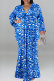 Vestidos azuis com estampa casual patchwork decote em v manga longa plus size