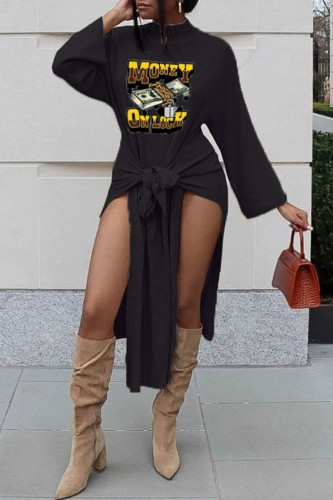 Black Casual Print Slit Half A Turtleneck Long Sleeve Dresses