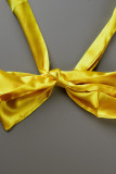 Желтые модные повседневные однотонные лоскутные платья с V-образным вырезом и длинным рукавом