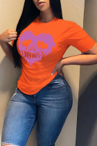 Оранжевые повседневные винтажные футболки с круглым вырезом в стиле пэчворк с черепом