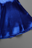 Blå Mode Casual Solid Patchwork V-hals långärmade klänningar