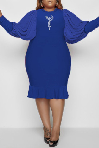 Blue Casual Print Patchwork O Neck Long Sleeve Plus Size Dresses