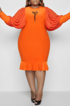 Оранжевые повседневные платья больших размеров в стиле пэчворк с круглым вырезом и длинным рукавом с принтом