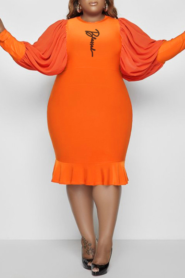 Оранжевые повседневные платья больших размеров в стиле пэчворк с круглым вырезом и длинным рукавом с принтом